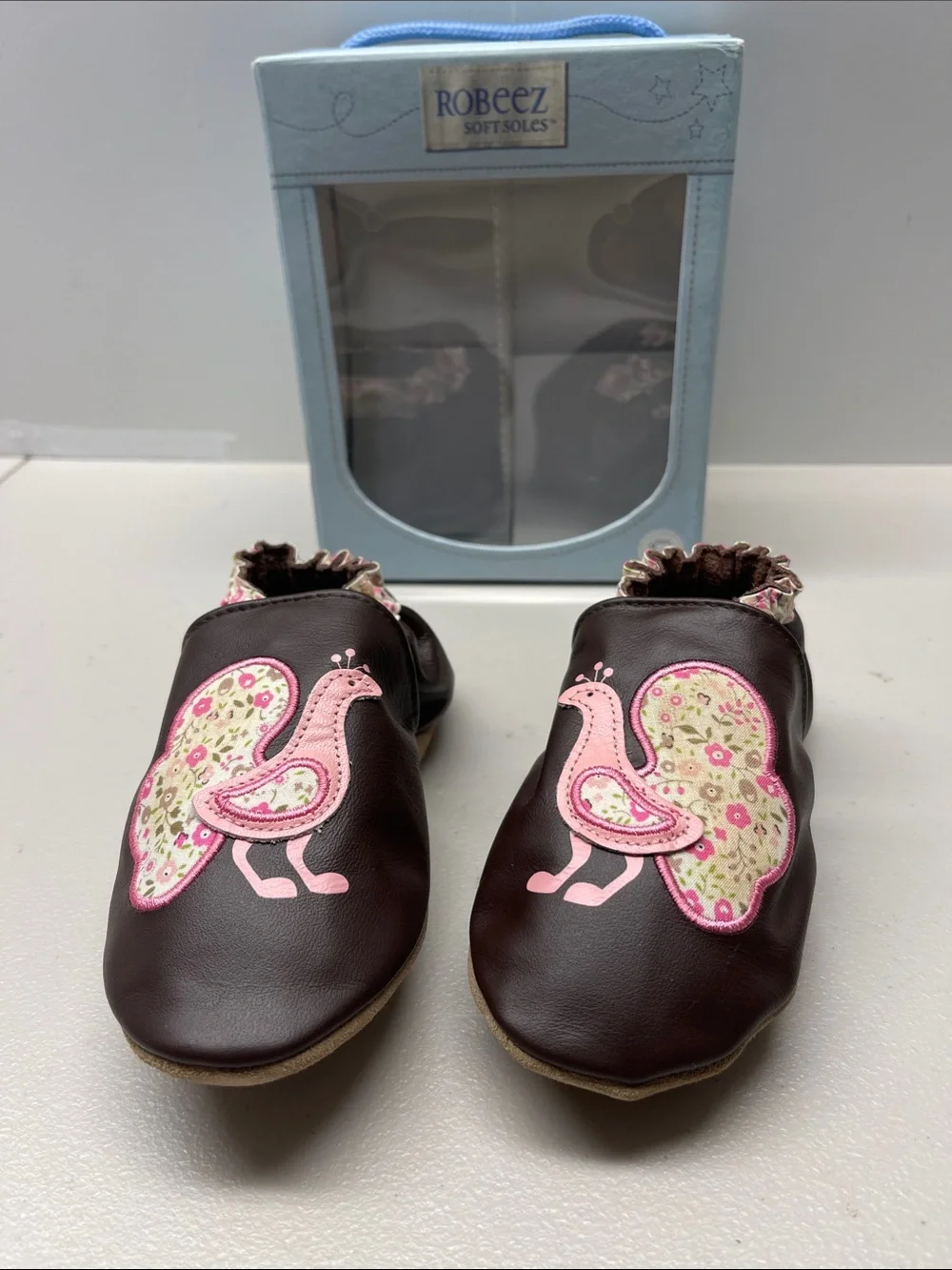 Robeez Brown Leather Moccasins with Pink Floral Bird Appliqués. NEW